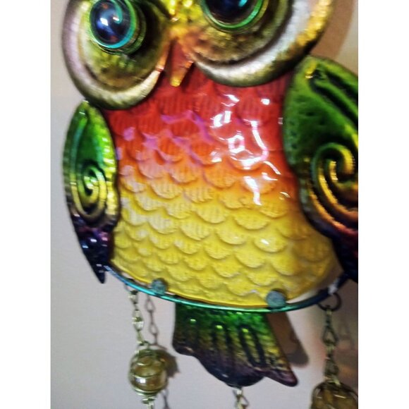 Metal Owl Wind Chime Bell Colorful Glass Accent Hanging Hook Outdoor Decor 21 In - Picture 8 of 16